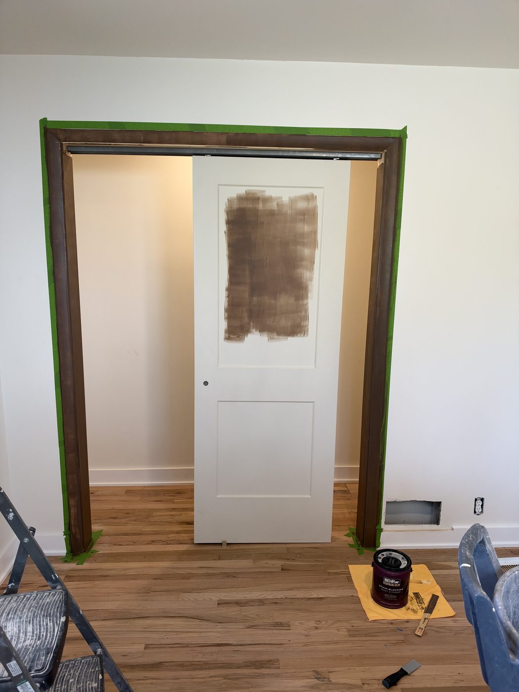 Sep 26, 2026. Brown paint started on a white door, with the casing already painted