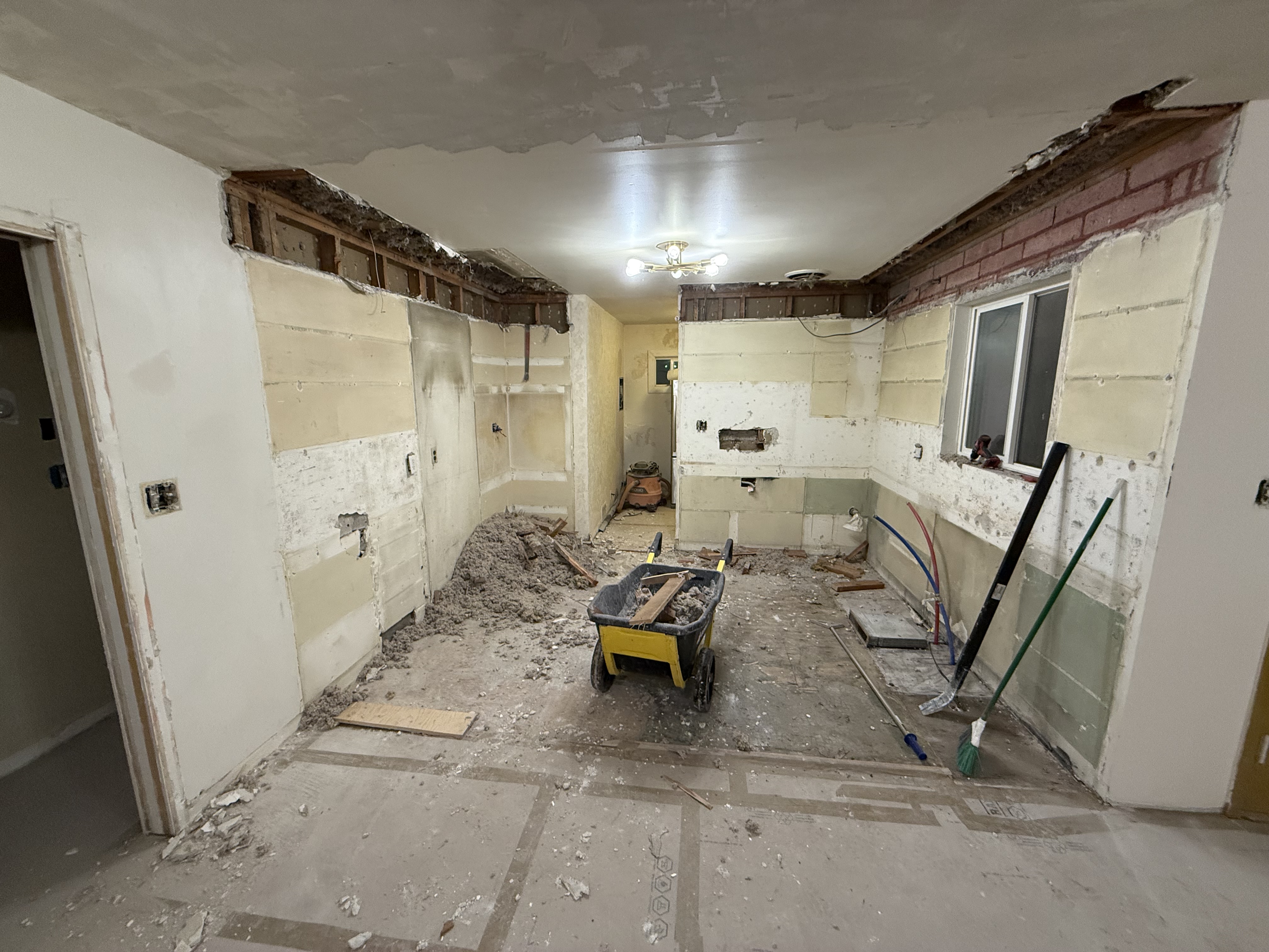 Kitchen demo - exposed walls and ceiling