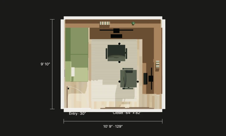 Top view of the right-corner desk, two chairs, and left-wall futon with the entrance swing and closet opening visible