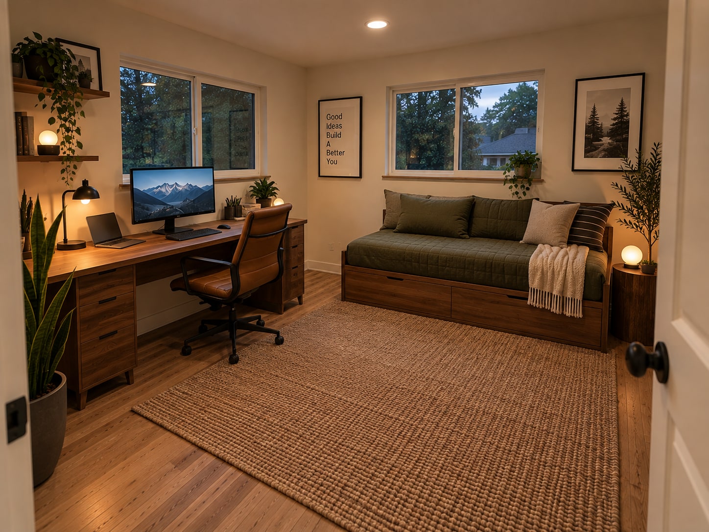 Generated office option A: long walnut desk, leather chair, and green daybed under the windows