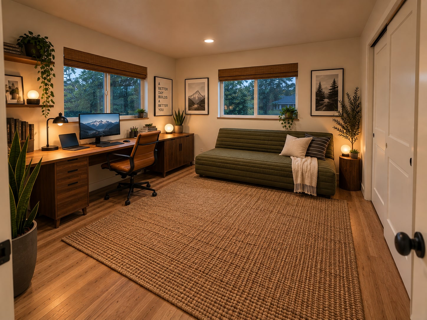 Generated office option B: walnut desk, leather chair, and ribbed green daybed