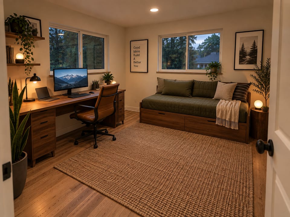 Generated office option A: long walnut desk, leather chair, and green daybed under the windows
