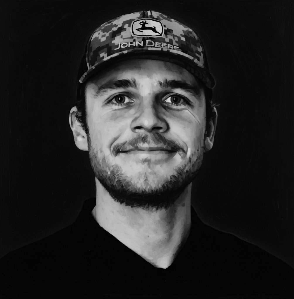 Black-and-white illustrated portrait of Mason Earl wearing a John Deere cap